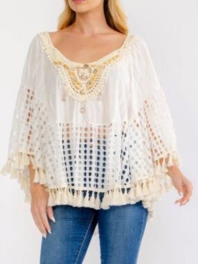 S9075. New Embroidered Boho Crochet Fringe Tunic Top white %100 Cotton